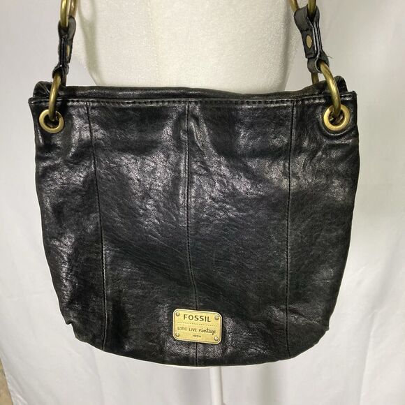 Fossil Black Leather Shoulder Bag Purse With Key Adjustable Strap Purse Turnlock - Picture 2 of 15